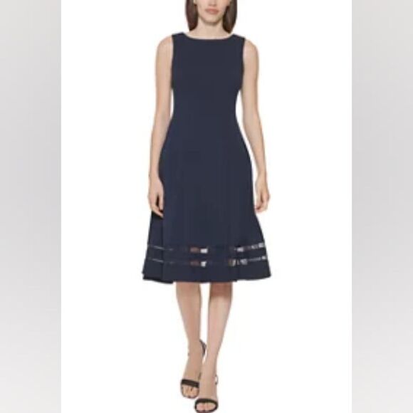 Calvin Klein Illusion Sleeveless Black A-Line Mini Dress Sheer Trim Size 4 - Picture 2 of 11